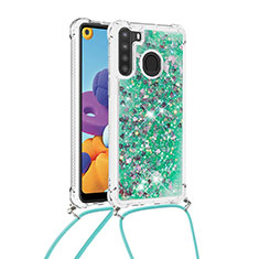 Silicone Candy Rubber TPU Bling-Bling Soft Case Cover with Lanyard Strap S03 for Samsung Galaxy A21 Green
