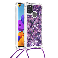 Silicone Candy Rubber TPU Bling-Bling Soft Case Cover with Lanyard Strap S03 for Samsung Galaxy A21s Purple