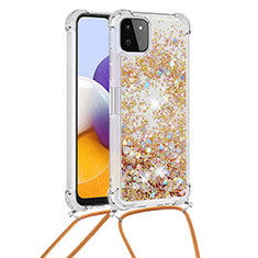 Silicone Candy Rubber TPU Bling-Bling Soft Case Cover with Lanyard Strap S03 for Samsung Galaxy A22 5G Gold