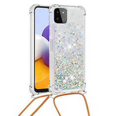 Silicone Candy Rubber TPU Bling-Bling Soft Case Cover with Lanyard Strap S03 for Samsung Galaxy A22 5G Silver