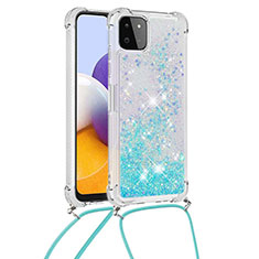 Silicone Candy Rubber TPU Bling-Bling Soft Case Cover with Lanyard Strap S03 for Samsung Galaxy A22 5G Sky Blue