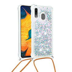 Silicone Candy Rubber TPU Bling-Bling Soft Case Cover with Lanyard Strap S03 for Samsung Galaxy A30 Silver