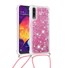 Silicone Candy Rubber TPU Bling-Bling Soft Case Cover with Lanyard Strap S03 for Samsung Galaxy A30S Red