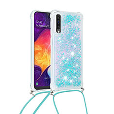 Silicone Candy Rubber TPU Bling-Bling Soft Case Cover with Lanyard Strap S03 for Samsung Galaxy A30S Sky Blue