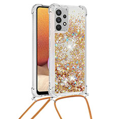 Silicone Candy Rubber TPU Bling-Bling Soft Case Cover with Lanyard Strap S03 for Samsung Galaxy A32 4G Gold