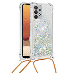 Silicone Candy Rubber TPU Bling-Bling Soft Case Cover with Lanyard Strap S03 for Samsung Galaxy A32 4G Silver