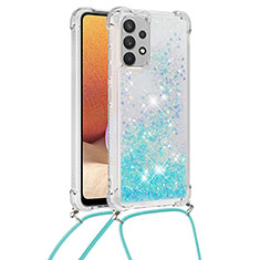 Silicone Candy Rubber TPU Bling-Bling Soft Case Cover with Lanyard Strap S03 for Samsung Galaxy A32 5G Sky Blue