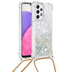 Silicone Candy Rubber TPU Bling-Bling Soft Case Cover with Lanyard Strap S03 for Samsung Galaxy A33 5G Silver