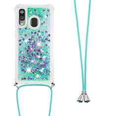 Silicone Candy Rubber TPU Bling-Bling Soft Case Cover with Lanyard Strap S03 for Samsung Galaxy A40 Green