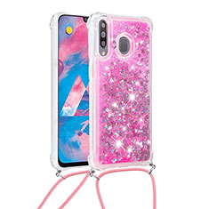 Silicone Candy Rubber TPU Bling-Bling Soft Case Cover with Lanyard Strap S03 for Samsung Galaxy A40s Hot Pink