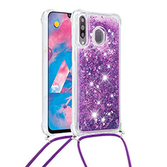 Silicone Candy Rubber TPU Bling-Bling Soft Case Cover with Lanyard Strap S03 for Samsung Galaxy A40s Purple