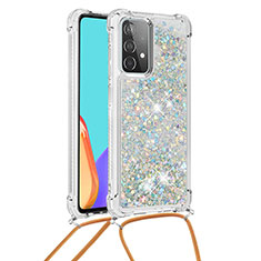 Silicone Candy Rubber TPU Bling-Bling Soft Case Cover with Lanyard Strap S03 for Samsung Galaxy A52 4G Silver