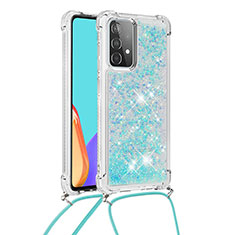 Silicone Candy Rubber TPU Bling-Bling Soft Case Cover with Lanyard Strap S03 for Samsung Galaxy A52 4G Sky Blue