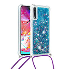 Silicone Candy Rubber TPU Bling-Bling Soft Case Cover with Lanyard Strap S03 for Samsung Galaxy A70S Blue