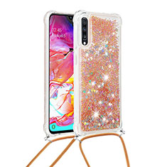 Silicone Candy Rubber TPU Bling-Bling Soft Case Cover with Lanyard Strap S03 for Samsung Galaxy A70S Gold