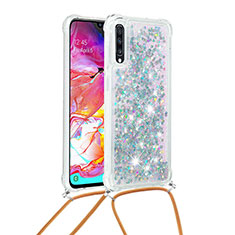Silicone Candy Rubber TPU Bling-Bling Soft Case Cover with Lanyard Strap S03 for Samsung Galaxy A70S Silver
