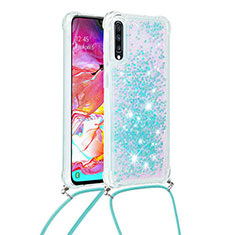 Silicone Candy Rubber TPU Bling-Bling Soft Case Cover with Lanyard Strap S03 for Samsung Galaxy A70S Sky Blue