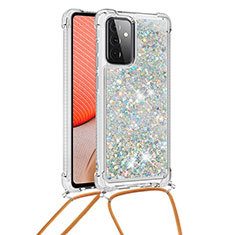 Silicone Candy Rubber TPU Bling-Bling Soft Case Cover with Lanyard Strap S03 for Samsung Galaxy A72 4G Silver
