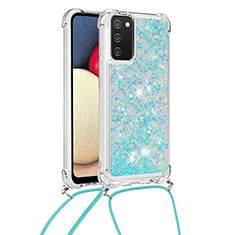 Silicone Candy Rubber TPU Bling-Bling Soft Case Cover with Lanyard Strap S03 for Samsung Galaxy F02S SM-E025F Sky Blue