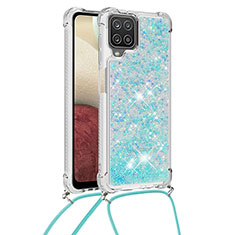 Silicone Candy Rubber TPU Bling-Bling Soft Case Cover with Lanyard Strap S03 for Samsung Galaxy F12 Sky Blue