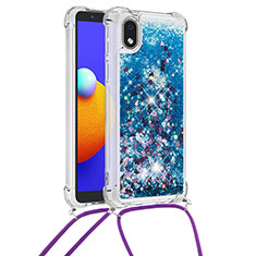 Silicone Candy Rubber TPU Bling-Bling Soft Case Cover with Lanyard Strap S03 for Samsung Galaxy M01 Core Blue