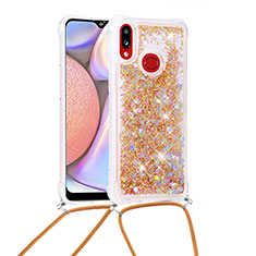 Silicone Candy Rubber TPU Bling-Bling Soft Case Cover with Lanyard Strap S03 for Samsung Galaxy M01s Gold