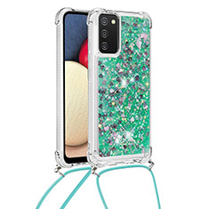 Silicone Candy Rubber TPU Bling-Bling Soft Case Cover with Lanyard Strap S03 for Samsung Galaxy M02s Green