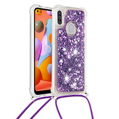 Silicone Candy Rubber TPU Bling-Bling Soft Case Cover with Lanyard Strap S03 for Samsung Galaxy M11 Purple