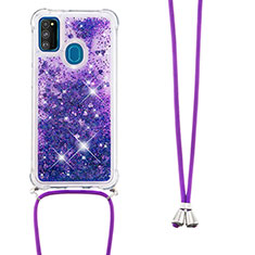 Silicone Candy Rubber TPU Bling-Bling Soft Case Cover with Lanyard Strap S03 for Samsung Galaxy M21 Purple