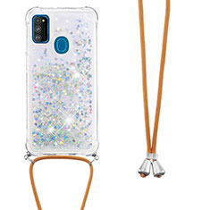 Silicone Candy Rubber TPU Bling-Bling Soft Case Cover with Lanyard Strap S03 for Samsung Galaxy M21 Silver