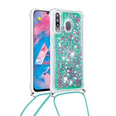 Silicone Candy Rubber TPU Bling-Bling Soft Case Cover with Lanyard Strap S03 for Samsung Galaxy M30 Green