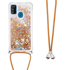 Silicone Candy Rubber TPU Bling-Bling Soft Case Cover with Lanyard Strap S03 for Samsung Galaxy M30s Gold