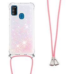 Silicone Candy Rubber TPU Bling-Bling Soft Case Cover with Lanyard Strap S03 for Samsung Galaxy M30s Pink