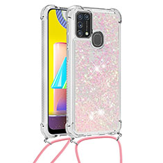 Silicone Candy Rubber TPU Bling-Bling Soft Case Cover with Lanyard Strap S03 for Samsung Galaxy M31 Prime Edition Pink
