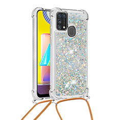 Silicone Candy Rubber TPU Bling-Bling Soft Case Cover with Lanyard Strap S03 for Samsung Galaxy M31 Prime Edition Silver