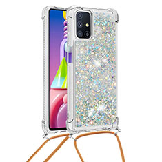 Silicone Candy Rubber TPU Bling-Bling Soft Case Cover with Lanyard Strap S03 for Samsung Galaxy M51 Silver