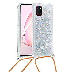 Silicone Candy Rubber TPU Bling-Bling Soft Case Cover with Lanyard Strap S03 for Samsung Galaxy Note 10 Lite Silver