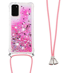 Silicone Candy Rubber TPU Bling-Bling Soft Case Cover with Lanyard Strap S03 for Samsung Galaxy S20 5G Hot Pink