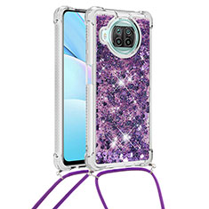 Silicone Candy Rubber TPU Bling-Bling Soft Case Cover with Lanyard Strap S03 for Xiaomi Mi 10i 5G Purple