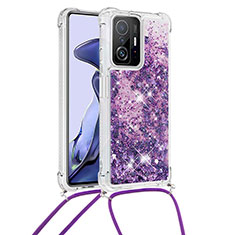 Silicone Candy Rubber TPU Bling-Bling Soft Case Cover with Lanyard Strap S03 for Xiaomi Mi 11T Pro 5G Purple