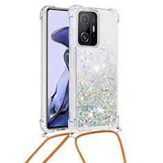 Silicone Candy Rubber TPU Bling-Bling Soft Case Cover with Lanyard Strap S03 for Xiaomi Mi 11T Pro 5G Silver