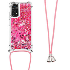 Silicone Candy Rubber TPU Bling-Bling Soft Case Cover with Lanyard Strap YB1 for Xiaomi Redmi Note 11S 4G Hot Pink