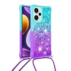 Silicone Candy Rubber TPU Bling-Bling Soft Case Cover with Lanyard Strap YB1 for Xiaomi Redmi Note 12 Turbo 5G Sky Blue