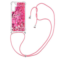 Silicone Candy Rubber TPU Bling-Bling Soft Case Cover with Lanyard Strap YB2 for Samsung Galaxy A34 5G Hot Pink