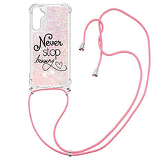 Silicone Candy Rubber TPU Bling-Bling Soft Case Cover with Lanyard Strap YB2 for Samsung Galaxy A34 5G Pink