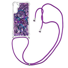 Silicone Candy Rubber TPU Bling-Bling Soft Case Cover with Lanyard Strap YB2 for Samsung Galaxy A34 5G Purple