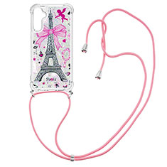 Silicone Candy Rubber TPU Bling-Bling Soft Case Cover with Lanyard Strap YB2 for Samsung Galaxy A34 5G Red