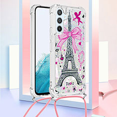 Silicone Candy Rubber TPU Bling-Bling Soft Case Cover with Lanyard Strap YB2 for Samsung Galaxy Quantum4 5G Rose Gold