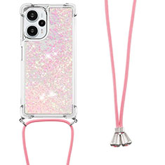 Silicone Candy Rubber TPU Bling-Bling Soft Case Cover with Lanyard Strap YB3 for Xiaomi Poco F5 5G Rose Gold