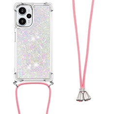 Silicone Candy Rubber TPU Bling-Bling Soft Case Cover with Lanyard Strap YB3 for Xiaomi Poco F5 5G Silver